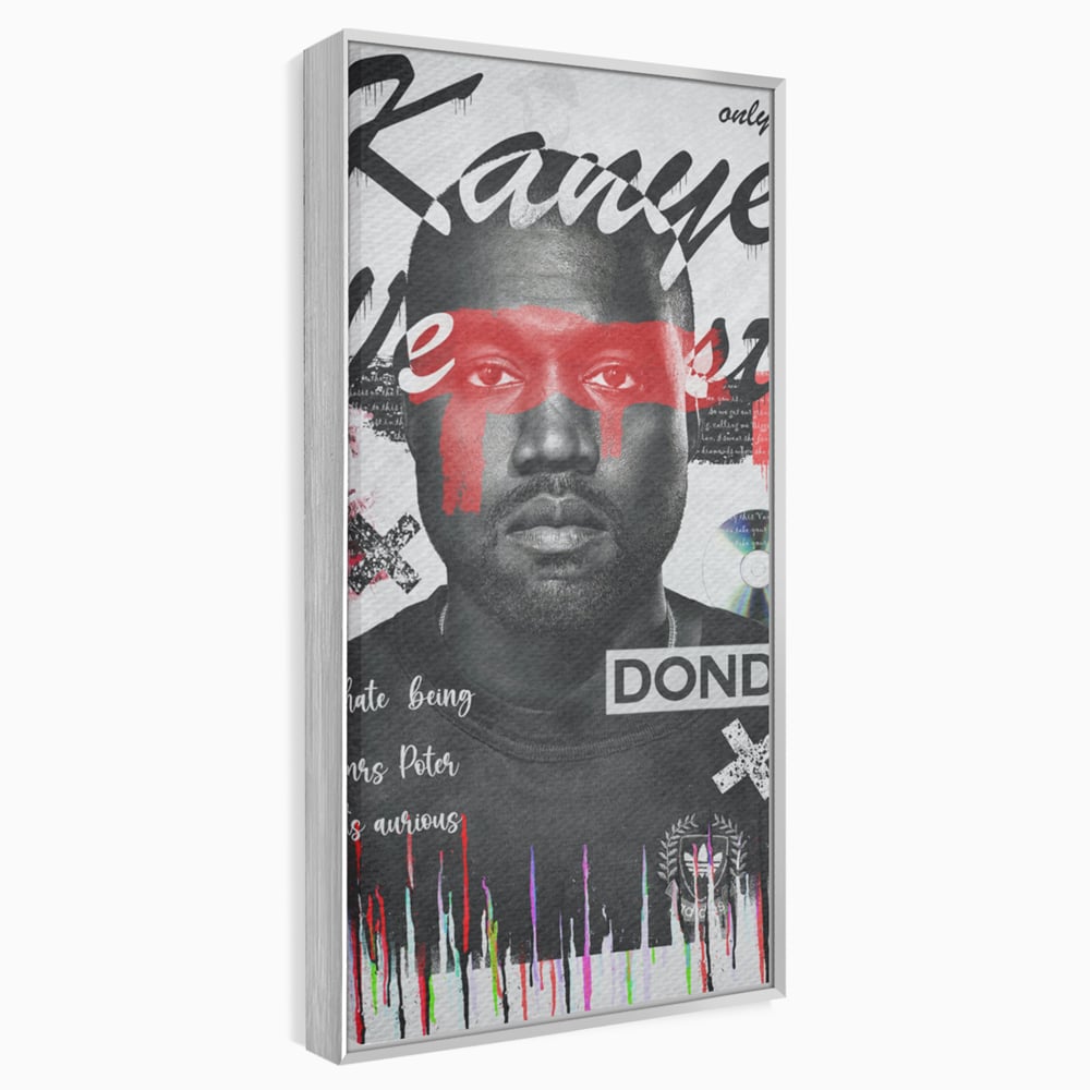 Tablou canvas cu tablou canvas cu portretul stilizat al lui kanye west, in rama de aluminiu argintiu